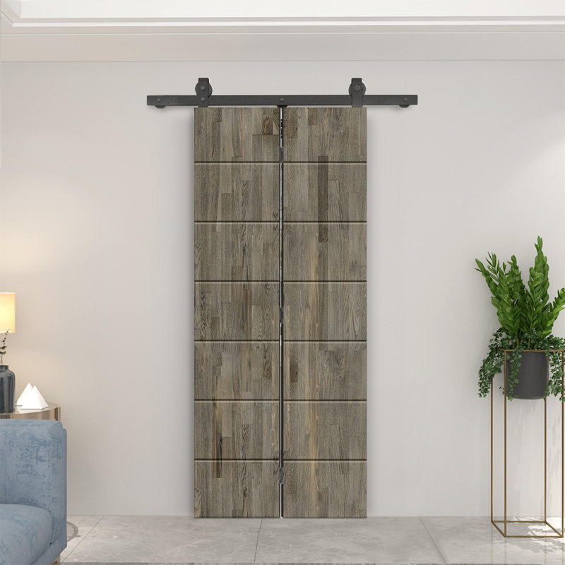 Porte de grange pliante en bois de pin avec quincaillerie coulissante, Gris patiné, 20 po x 84 po