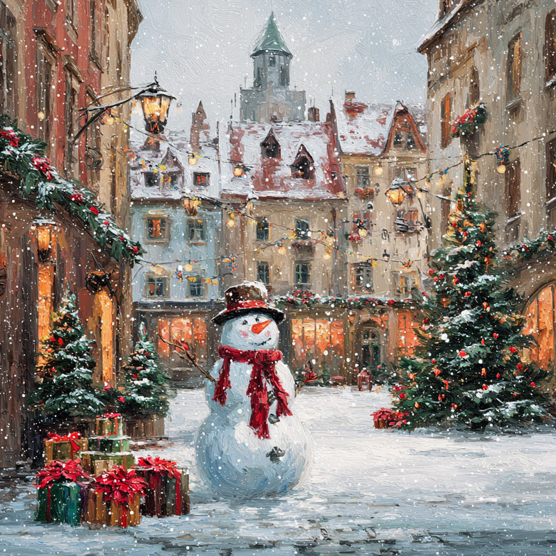 «Holiday Snowman Plaza», art mural sur toile tendue, H 30 po x l 30 po