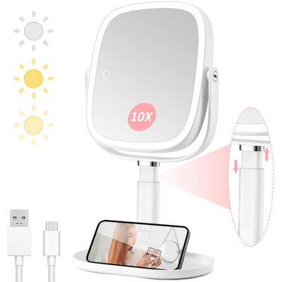 Lighted Makeup Mirror With Magnification,1X/10X Magnifying Mirror With Light Rechargeable,Height Adjustable Vanity Mirror With 3 Color Lights,Double Sided 360° Rotation,Memory Function