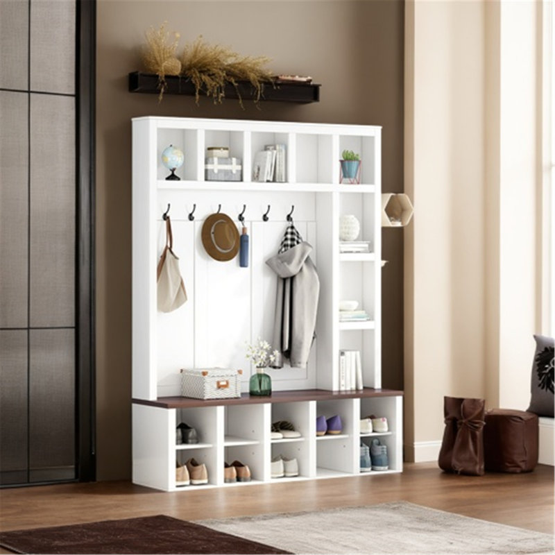 Versatile Wooden Hall Tree with Multiple Functions and Practical Storage, White/Walnut