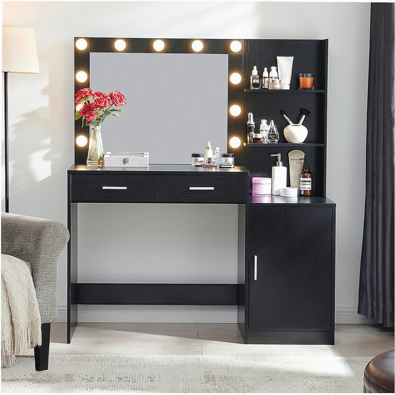 Meuble-lavabo avec miroir et lumières, coiffeuse 46,4 po avec 2 grands tiroirs et grand organisateur vertical, commode à 3 niveaux et 3 modes d'éclairage à luminosité réglable, convient à la chambre à coucher (noir)