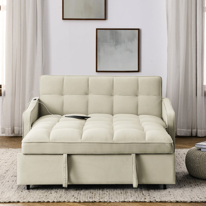 Canapé en velours beige avec lit escamotable, dossier réglable, prise de charge pour tout type de canapé-lit, charge, tissu