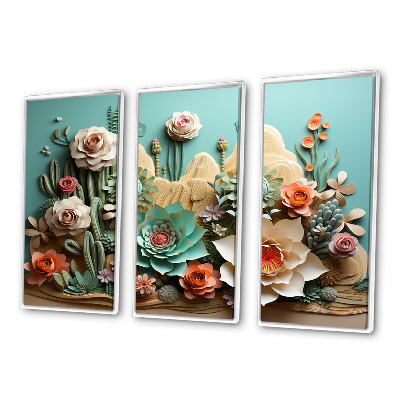 Ensemble de salon Cactus Mint Mirage - Floral Cactus Wall Art, Cadre flottant blanc, H 28 po x l 36 po x P 1 po
