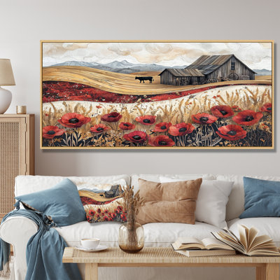 Les coquelicots de campagne et la vache et la grange III - coquelicots, art mural pour le salon
