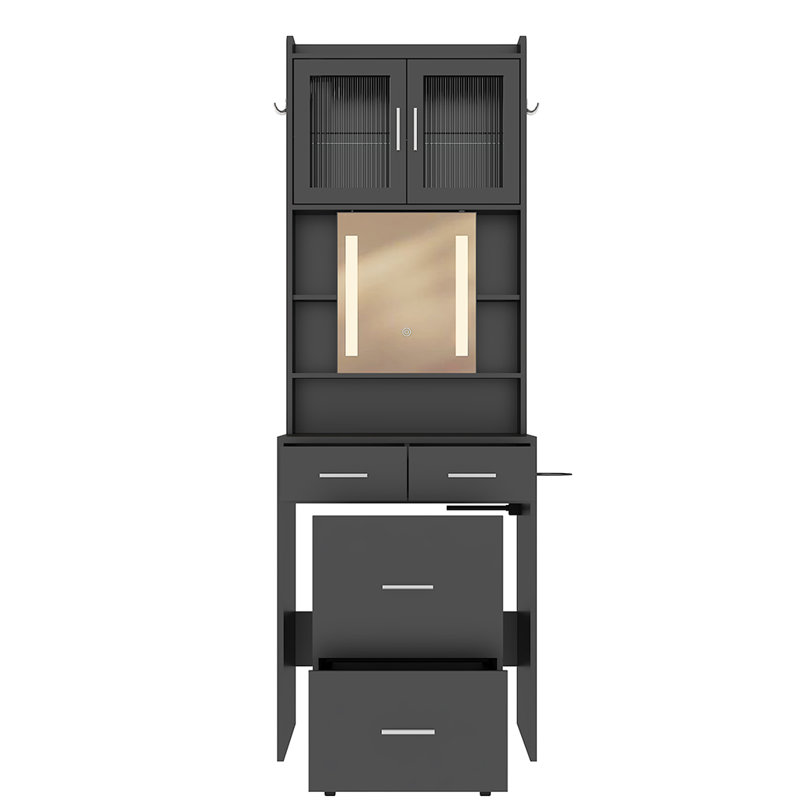 Small Vanity Desk With Sliding Mirror And LED Lights, Gray, Silver