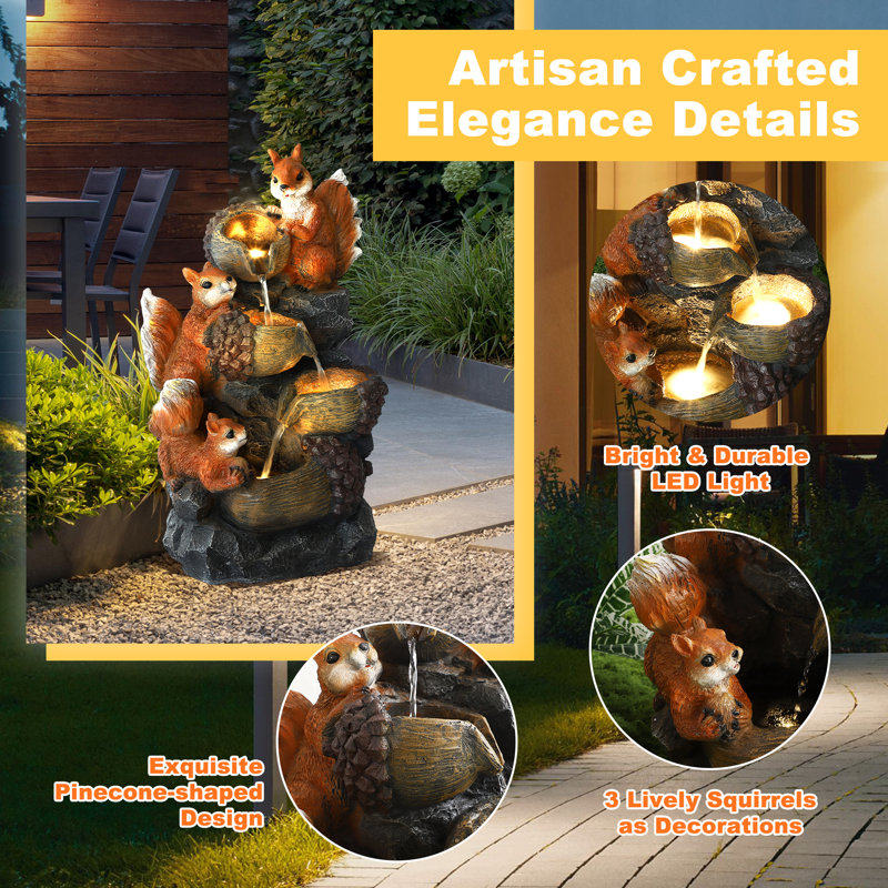 23.6" Outdoor Water Fountain With Led Lights, 4-tier Squirrels Hazelnut Bowls Garden Fountain, Modern Cascading Waterfall Fountains For Garden, Patio, Backyard, Deck, Porch And Home Decor