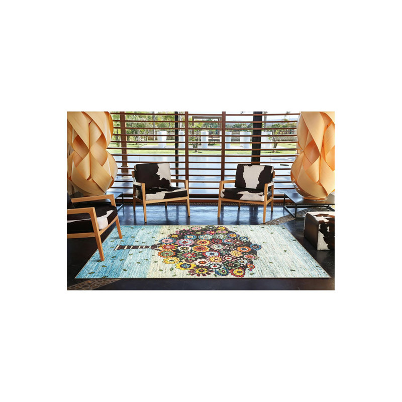 Tapis bleu lavable à motif floral, Sous-tapis rectangulaire 2 pi 6 po x 4 pi 11 po