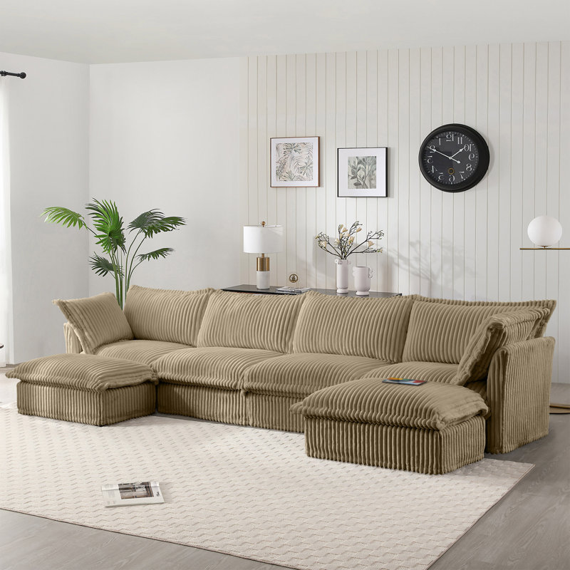 Evelyn U-Shaped Sectional Sofa with 2 Ottomans, Camel Corduroy, 34.6" H x 156.6" W x 55" D