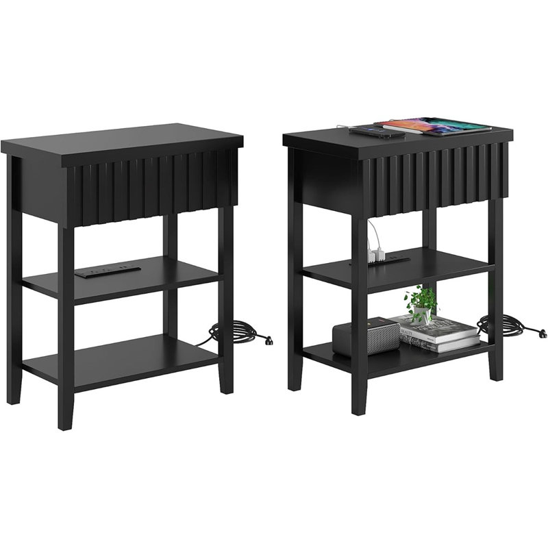 Table de chevet cannelée étroite - Ensemble de 2 - Tables de chevet modernes avec tiroir, tablettes de rangement et station de charge [Noir]
