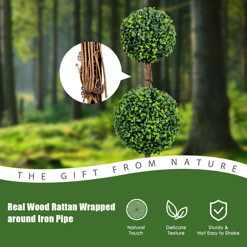 36'' Green Plastic Double Ball Topiary in Cement Pot