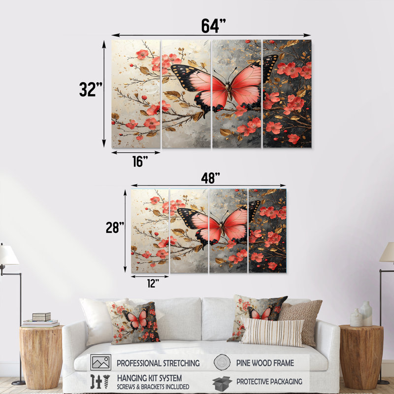 Pink Butterfly On Cherry Blossom Tree - Butterfly Animal Wall Art Print Set, 32" H x 64" W