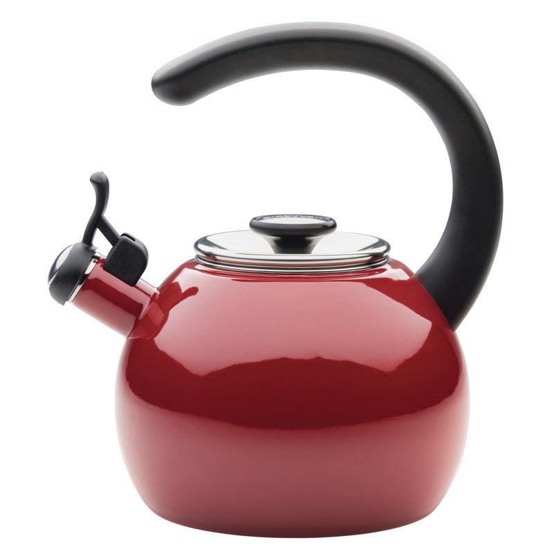 Red Enamel Steel Whistling Teakettle with Flip-Up Spout, 2-Quart
