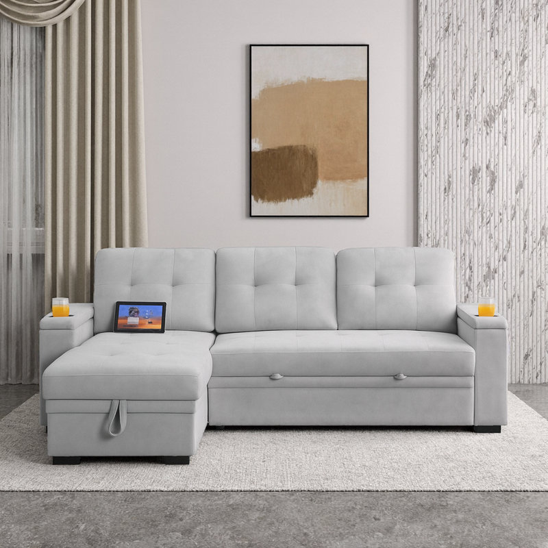 Canapé-lit modulaire gris en L avec méridienne réversible, Tissu gris