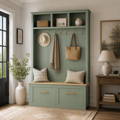 4-in-1 Hall Tree with Golden Hooks & Drawers, Storage Bench