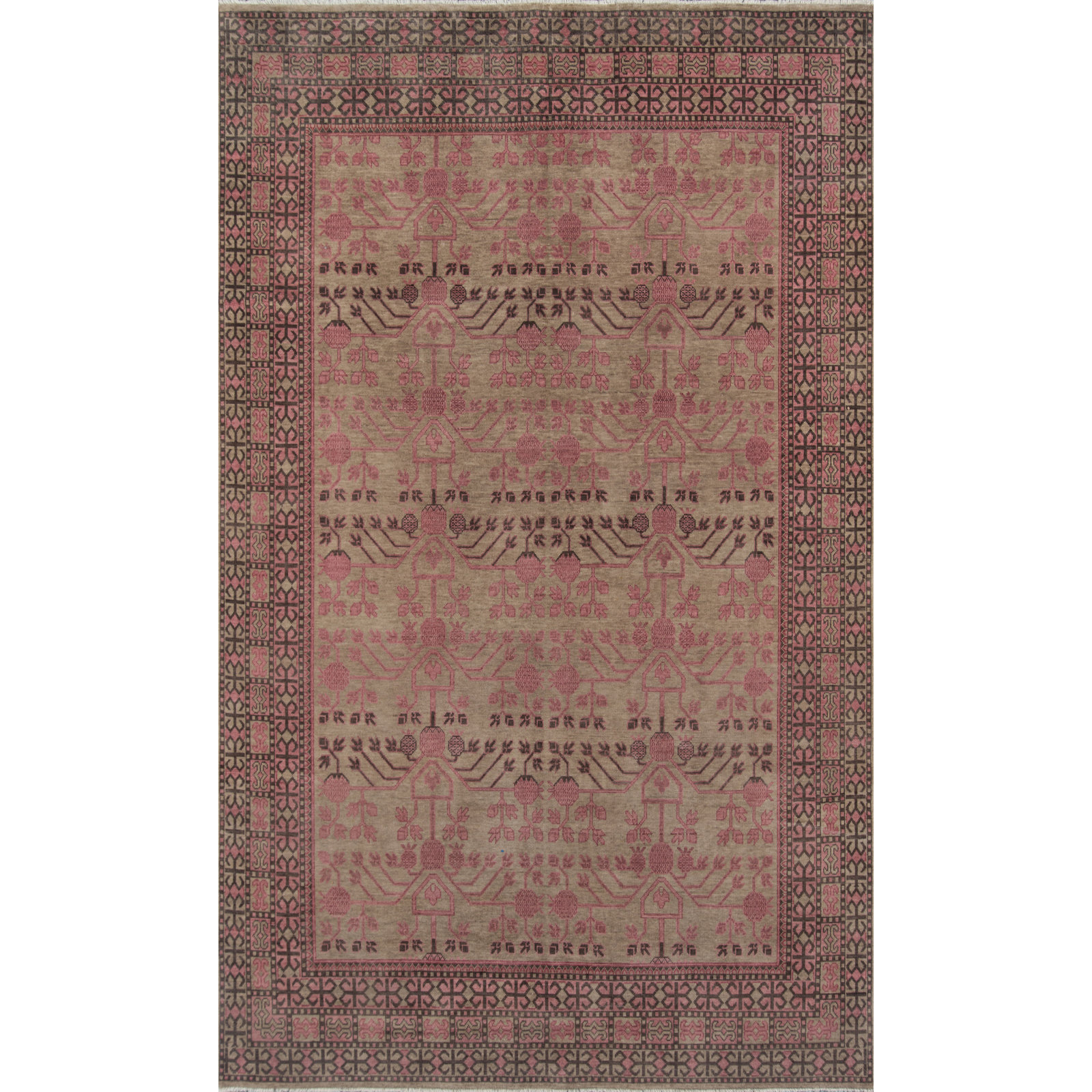 Leonardo Pink Brown Hand-Knotted Wool Oriental Rug, Rectangle 7'6" x 9'6"