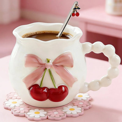 Grande tasse en céramique cerise blanche 11,5 oz, design ludique et personnalisé pour femmes et filles