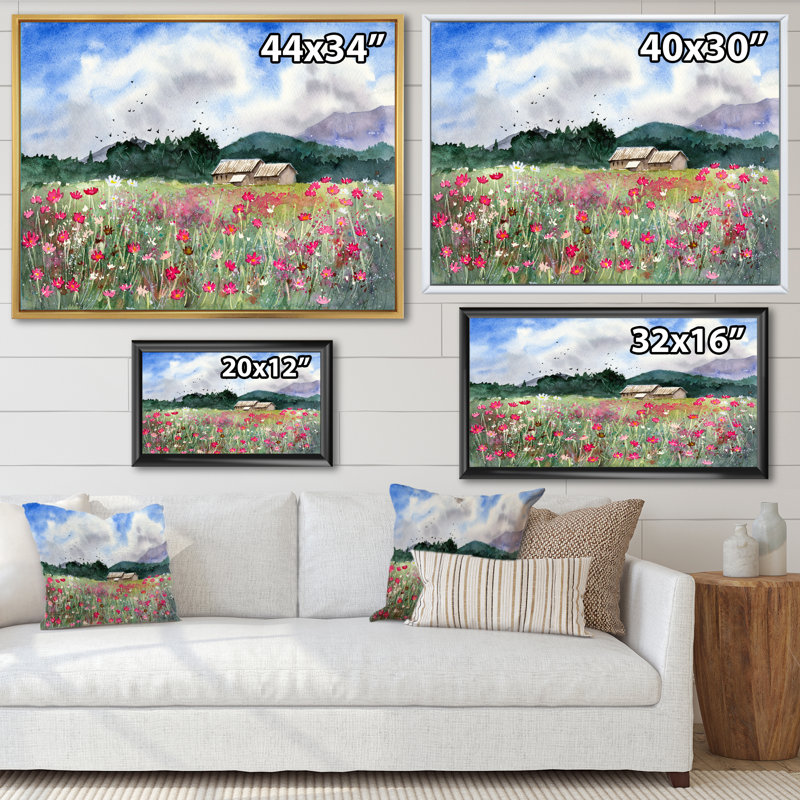 Paysage avec un champ de fleurs blanches et roses - Peinture sur toile, H 12 po x l 20 po x P 1 po, Cadre flottant en érable