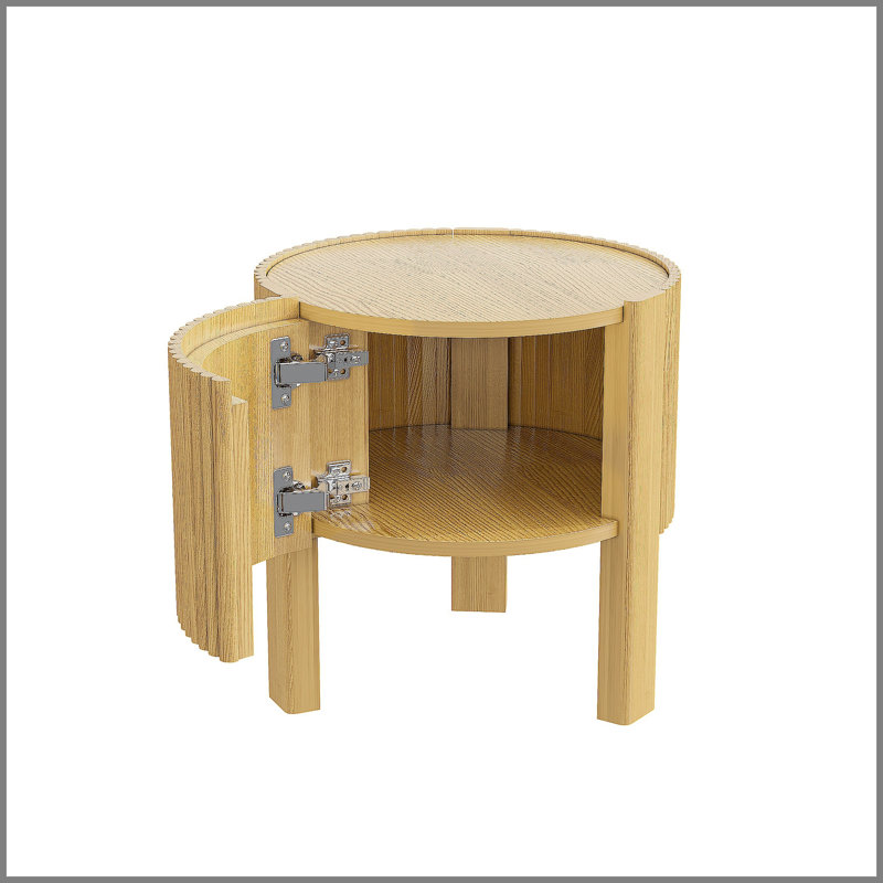 Table d'appoint ronde cannelée avec rangement pour le salon, bois d'hévéa massif, porte à fermeture en douceur, naturel, 19,6 po