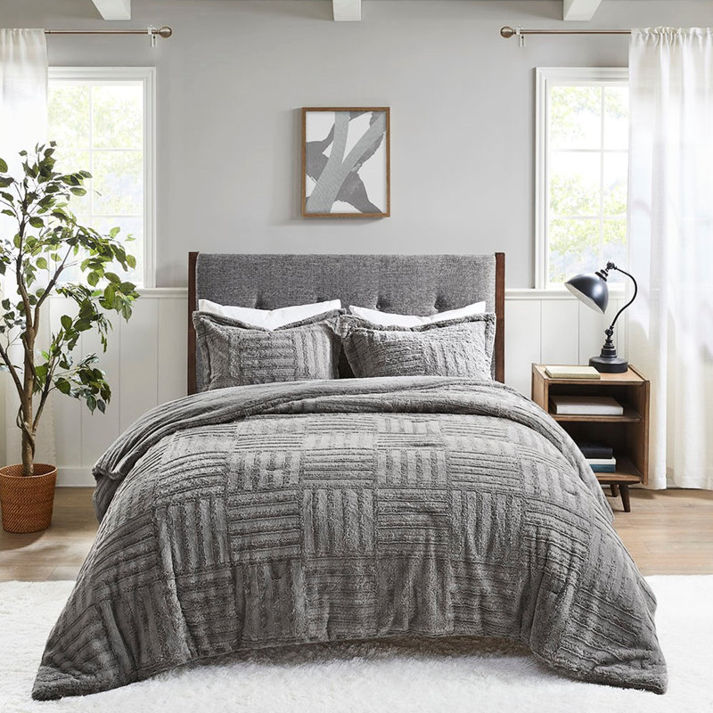 Édredon gris en fausse fourrure pour lit double / grand lit, Édredon double + 2 taies décoratives standards, Gris