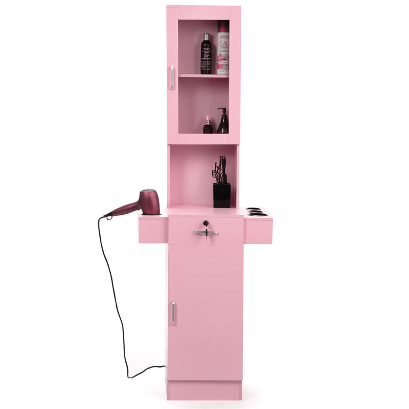 Professional Wall-Mounted Barber Station with Glass Door Cabinet Three-Tier Storage Shelf Spacious Drawer and Hair Dryer Tool Holders Rustic Brown Salon Spa Styling Furniture