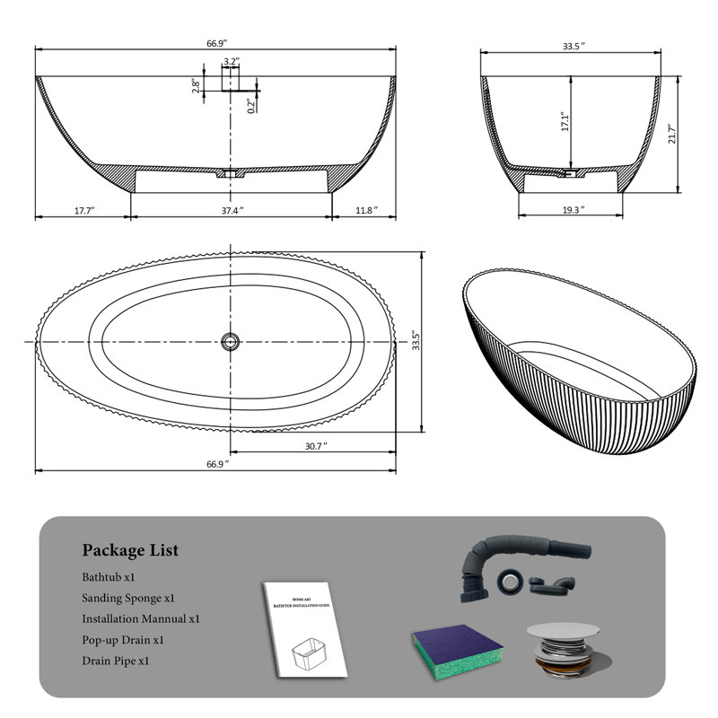 Baignoire autoportante 67 po en résine blanche matte avec texture verticale Egg-Shell Design