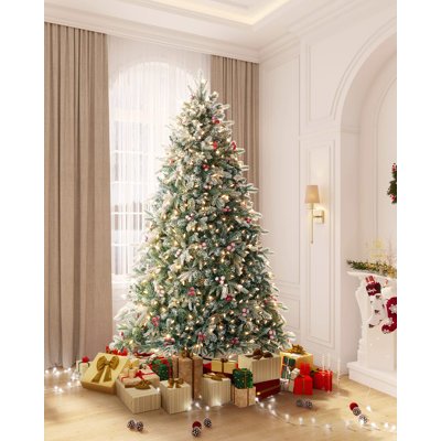 Arbre de Noël artificiel pré-éclairé de 9 pi, arbre en PE floqué avec 1000 lumières claires et baies rouges, arbre de Noël pré-décoré pour la maison, le bureau et la fête