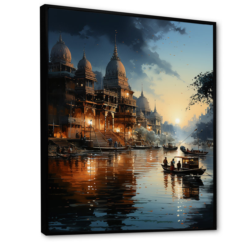 Hindouisme divin, rivière Ganges I, reproduction d'art sur toile, Cadre flottant noir, H 40 po x l 30 po x P 1,5 po