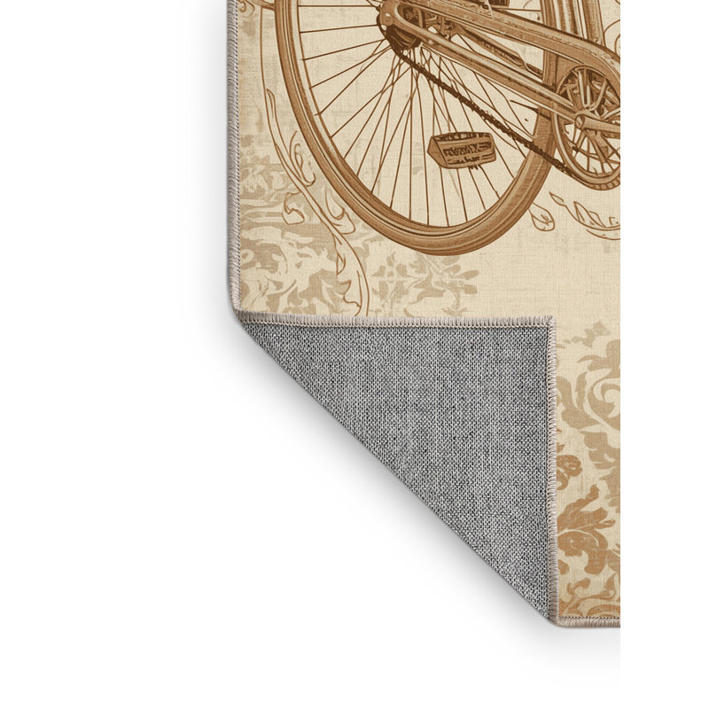 Machine Washable Vehicles And Transportation Vintage Bicycle Vintage Damask Rug in Beige – Beige Binding, 7x9