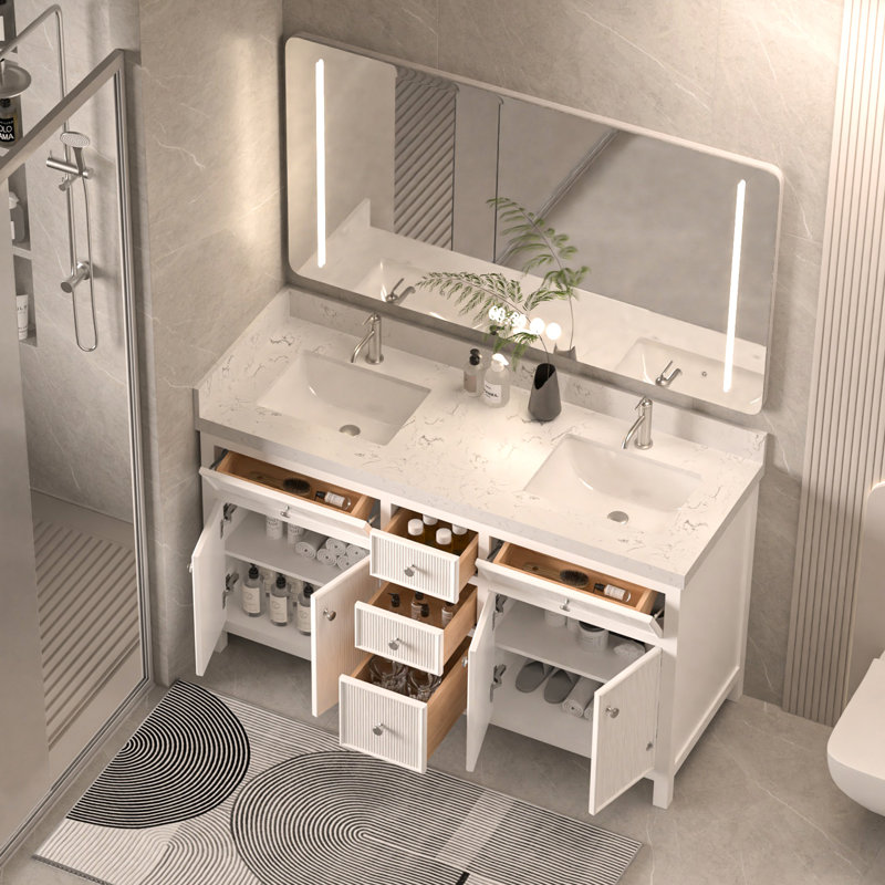 Ensemble de meuble-lavabo double 60 po avec armoire en bois blanc Lunavia, 60" W