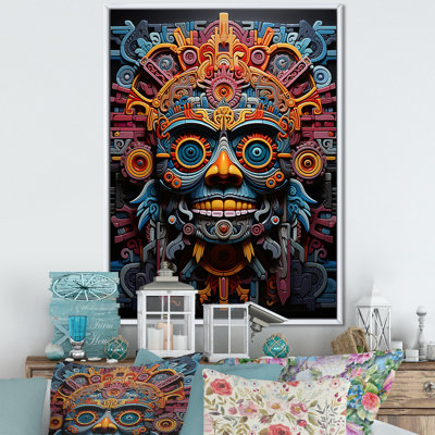 «Albali Teal Orange Mexico Vibrant Aztec Mask», art mural Mexique encadré