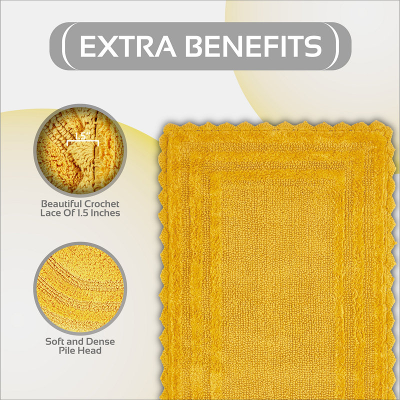 Rasika 100% Cotton 1990 GSM Tufted Reversible Bath Rug, OEKO-TEX Certified, Ultra Soft & Absorbent, Machine Washable Bathroom Rug for Shower, Tub, Sink, Vanity & Spa Areas, Crochet-Inspired Design, 21" x 34" Rectangle, Yellow