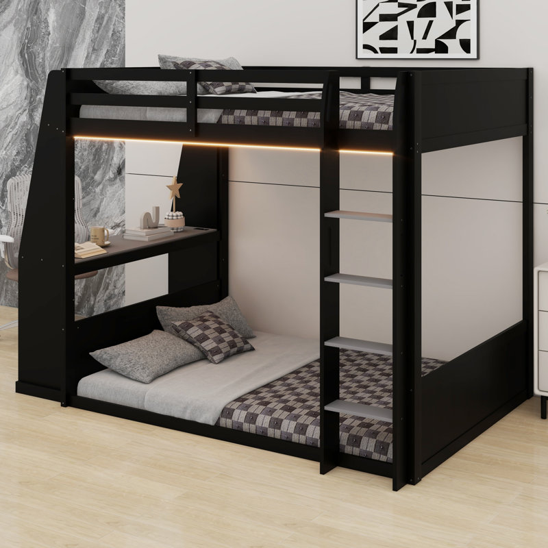 Lit superposé en bois pour adolescent avec bureau, tablettes, lumières USB et DEL, Black+grey