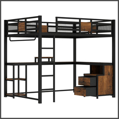 Grand lit mezzanine en métal avec tiroirs de rangement, bureau intégré, échelle - noir