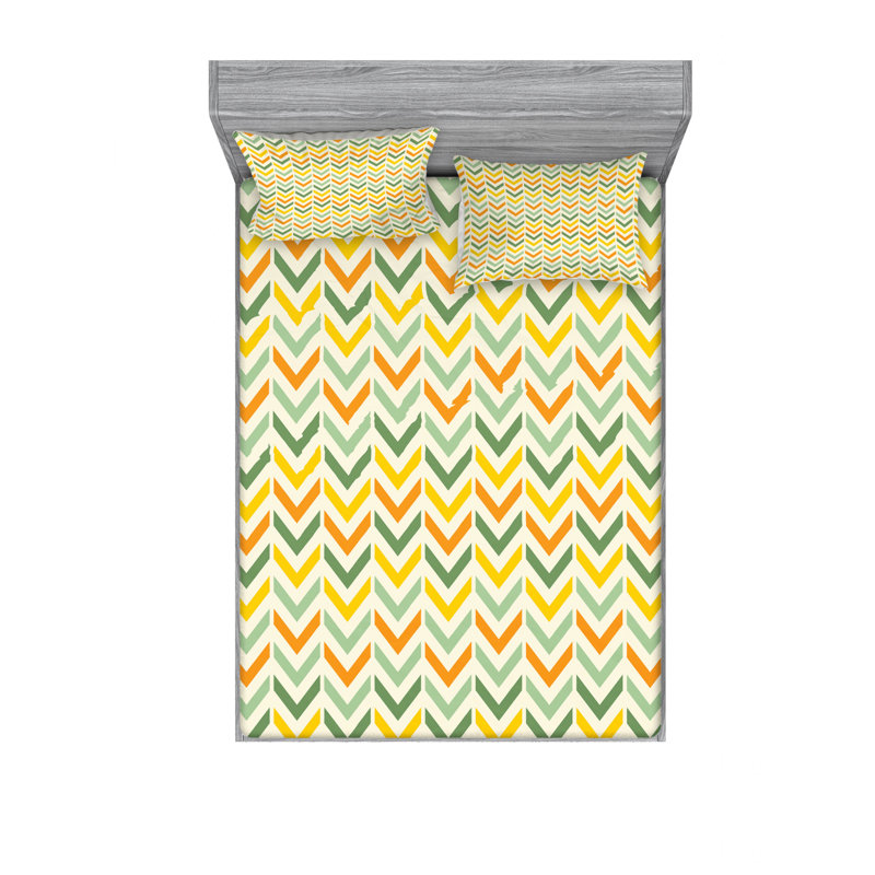 Microfiber Chevron Sheet Set, Queen Sheet Set with Fitted Sheet, Yellow/Green/Orange Chevron