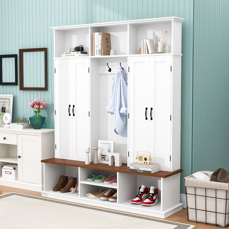 Entryway Hall Tree with Bench, 3 Top Cubbies, 6 Hooks, Side Cabinets and Shoe Storage, White