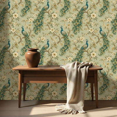 Papier peint auto-adhésif Pez and Stick Elegant Peacock Floral Vintage Botanical
