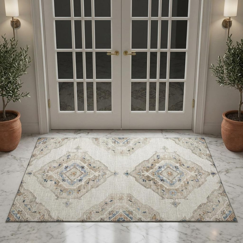 Tapis lavable en lin ivoire et bleu avec protection UV 3 pi x 5 pi Tribal
