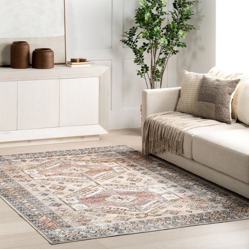 Otis Medallion Machine Washable Area Rug for Living Room Bedroom Dining Room Kitchen, Peach/Ivory, Rectangle 2' x 3'
