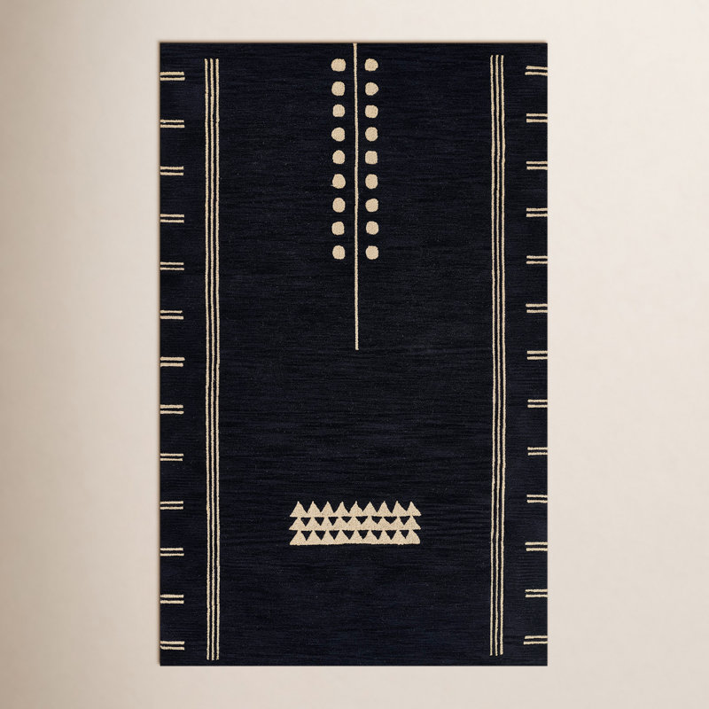 Tapis bleu marine / sable en laine touffeté à la main à motif géométrique, Rectangle 8 pi x 10 pi