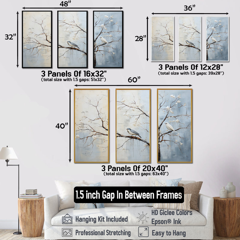 Gris printanier gris, oiseaux de printemps II - arbre, art mural, Cadre flottant noir, H 40 po x l 61 po x P 1 po