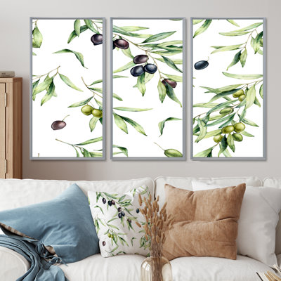 " Green & Black Olives With Olive Branches & Leaves " 3 - Pieces Painting Print