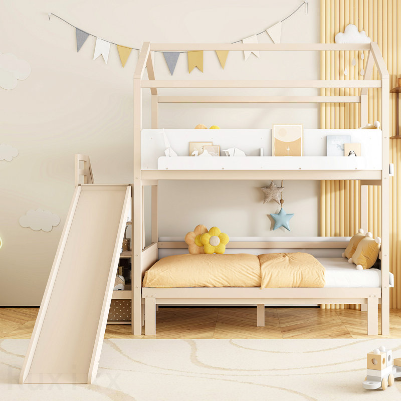 Lit superposé en bois en forme de maison avec glissière et escalier de rangement, cadre de lit simple / simple / double, beige et blanc