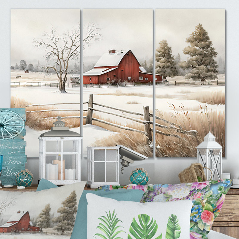 «Red Barn Scenery In Winter VI», ensemble d'art mural sur toile, H 32 po x l 48 po x P 1 po, Toile tendue