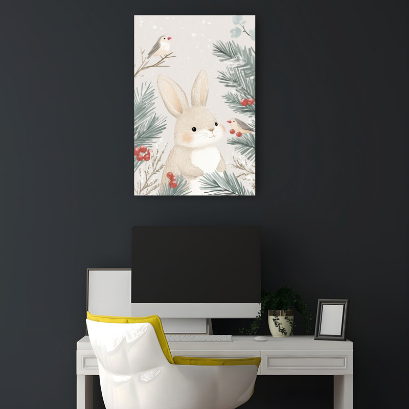 Winter Woodland Bunny Peaceful Serene Abstract Bird Pine Rabbit Forest Nature Wall Art Print 1 Piece Wrapped Canvas Wall Art
