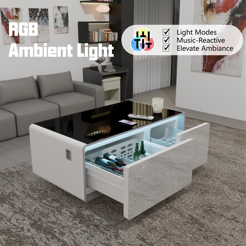 Smart Coffee Table with Fridge, Wireless Charging and Speakers, White