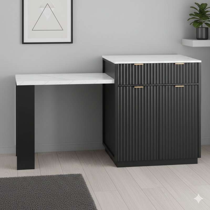 Îlot de cuisine cannelé de 82,6 pouces avec table de salle à manger extensible pour 4 à 6 personnes, prise de courant intégrée, configuration de rangement à deux côtés avec 2 tiroirs et 2 tablettes latérales ouvertes - finition noire