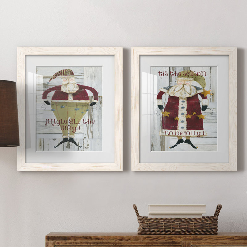 Jingle Santa - ensemble de 2 reproductions, H 20 po x l 17 po x P 1 po, Papier encadré blanc, Blanc