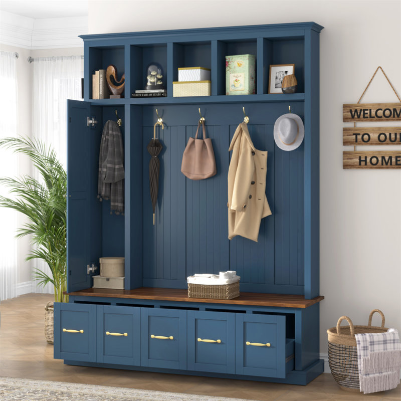 Arbre d'entrée avec porte-manteaux, banc à chaussures et armoire de rangement, Navy Blue