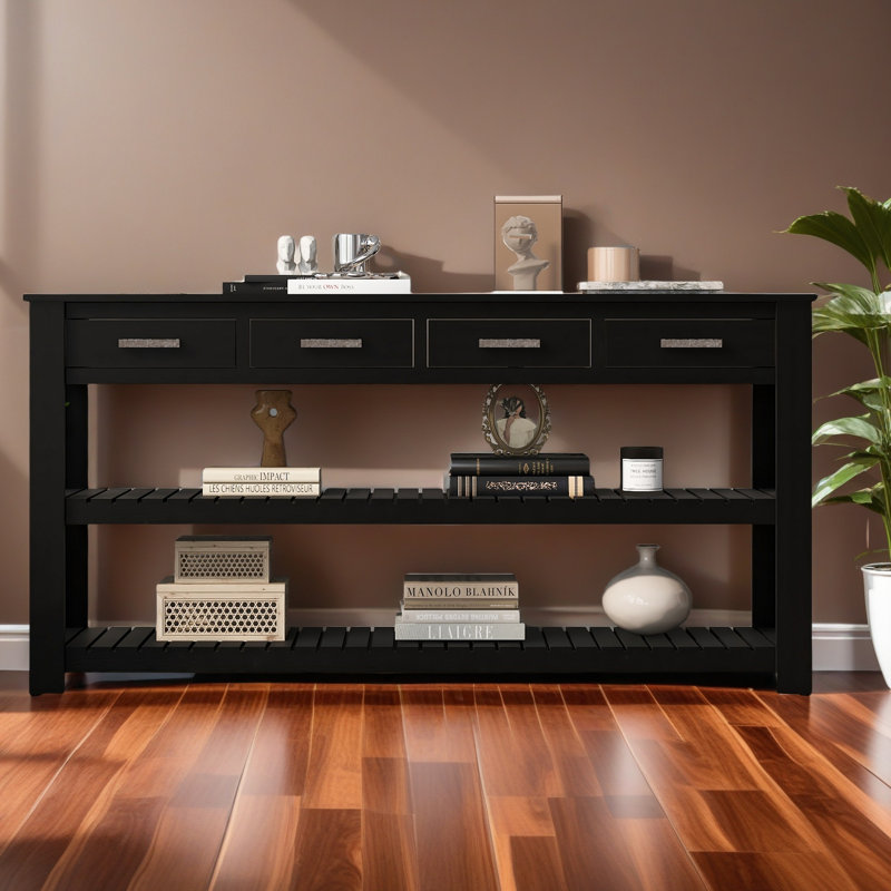Élégante console d'entrée avec 4 tiroirs et 2 tablettes, convenant aux vestibules et aux salons, Noir