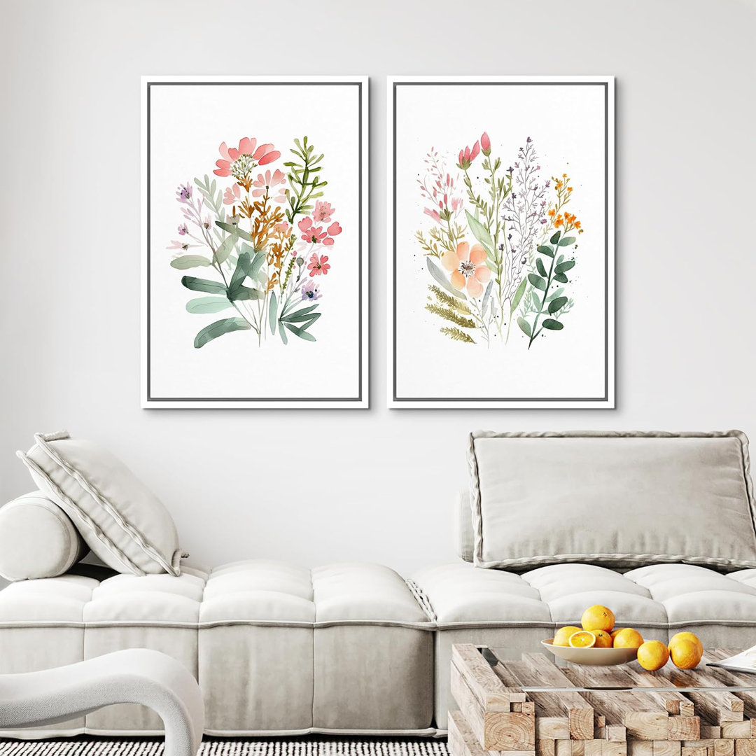 Vibrant Wildflower Boho Floral & Botanical Plant Multicolor Framed On Canvas 2 Pieces Print Large Wall Art IDEA4WALL Frame 